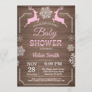 Rustic Winter Deer Snowflake Girl Baby shower Kaart