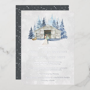 Rustic Winter Evergreen Barn Wedding Folie Uitnodiging