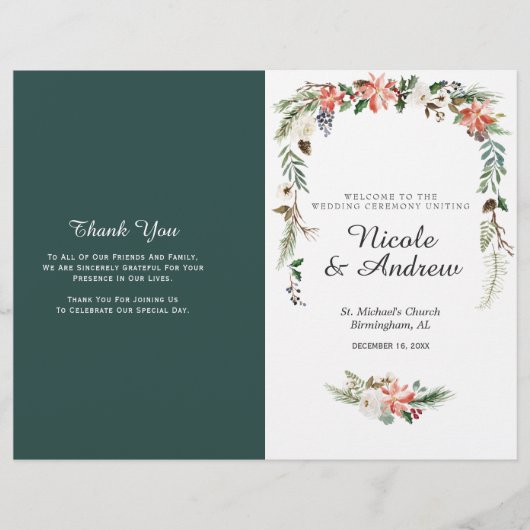 Rustic Winter Floral Folded Wedding Programme (Voorkant)