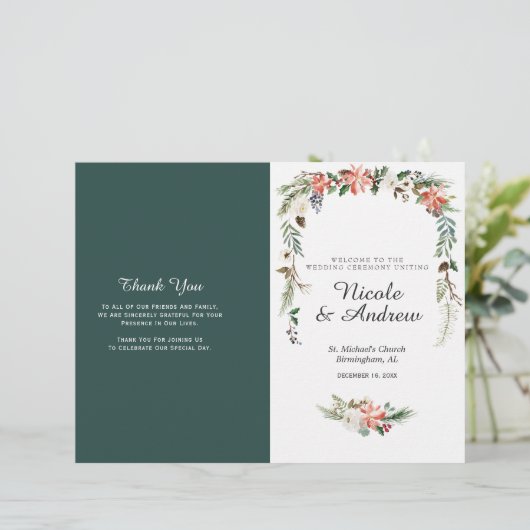Rustic Winter Floral Folded Wedding Programme (Staand voorkant)