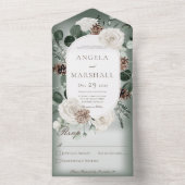 Rustic Winter Floral Green No Dinner All In One Uitnodiging (Binnen)