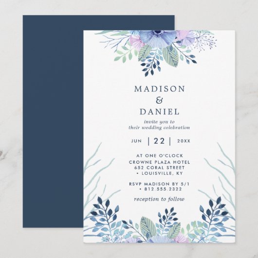 Rustic Winter Floral Navy Blue Waterverf Wedding Kaart (Voorkant / Achterkant)
