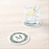 Rustic Winter Greenery Monogram Initiaal Wreath Ronde Kartonnen Onderzetter (Insitu)
