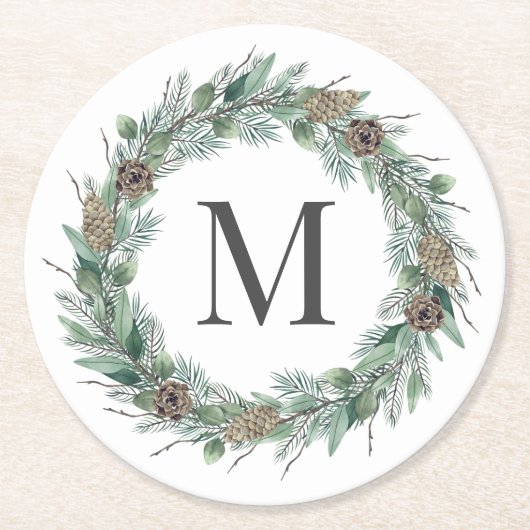 Rustic Winter Greenery Monogram Initiaal Wreath Ronde Kartonnen Onderzetter (Voorkant)