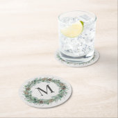 Rustic Winter Greenery Monogram Initiaal Wreath Ronde Kartonnen Onderzetter (Insitu)