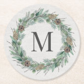 Rustic Winter Greenery Monogram Initiaal Wreath Ronde Kartonnen Onderzetter (Voorkant)