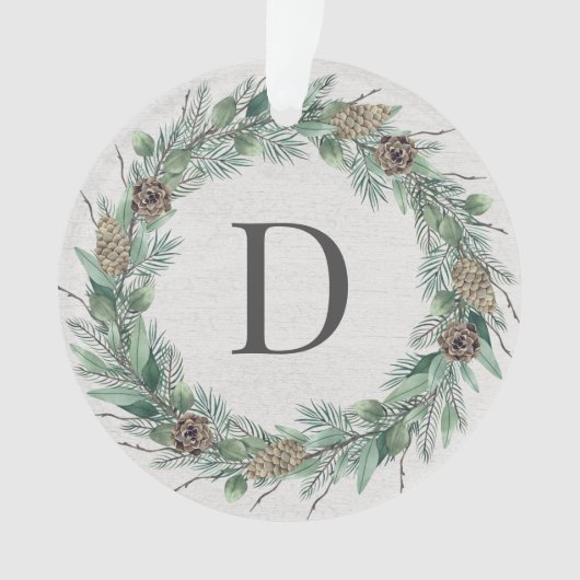 Rustic Winter Greenery Monogram Wreath White Wood Ornament (voorkant)