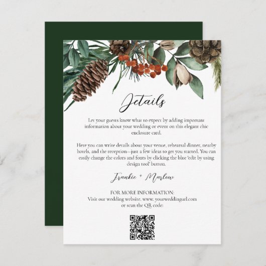 Rustic Winter Greenery Wedding Details QR Website Informatiekaartje (Voorkant / Achterkant)