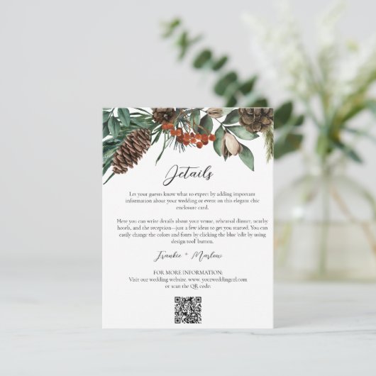 Rustic Winter Greenery Wedding Details QR Website Informatiekaartje (Staand voorkant)