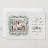 Rustic Winter Greenery White Wood Foto Feestdagenkaart (Voorkant)