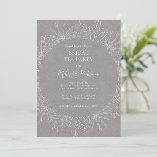 Rustic Winter | Grijze uitnodiging van Bridal Tea (Staand voorkant)