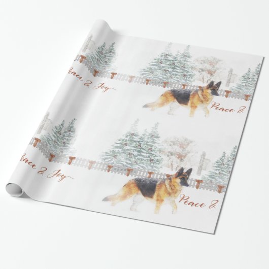 Rustic Winter Holiday Scene met German Shepherd Cadeaupapier (Uitgerold)