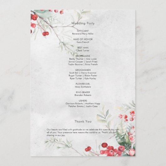 Rustic Winter Holly & Pine Wedding Programme (Dos)