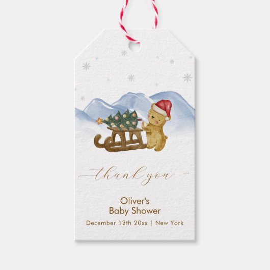 Rustic Winter Mountain Sleigh Bear Baby Shower  Cadeaulabel (Voorkant)