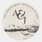 Rustic Winter Mountain Wedding Monogram Ronde Sticker (Voorkant)