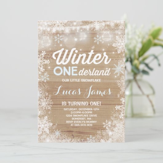 Rustic Winter ONE derland Birthday Invitation Blue (Debout devant)