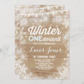 Rustic Winter ONE derland Birthday Invitation Blue (Devant / Derrière)
