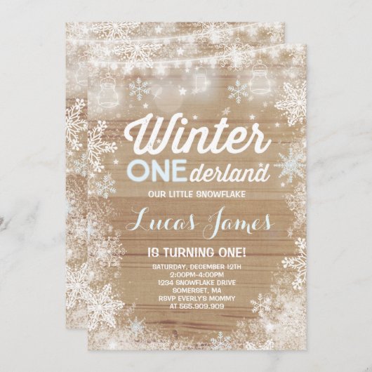 Rustic Winter ONE derland Birthday Invitation Blue (Devant / Derrière)