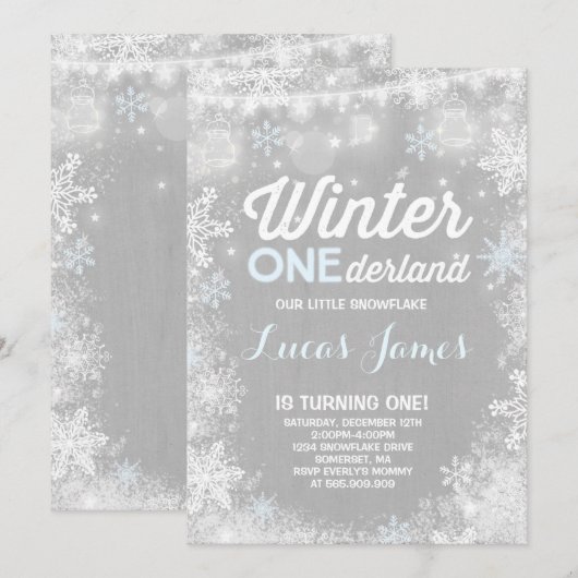 Rustic Winter ONE derland Birthday Invitation Blue (Devant / Derrière)