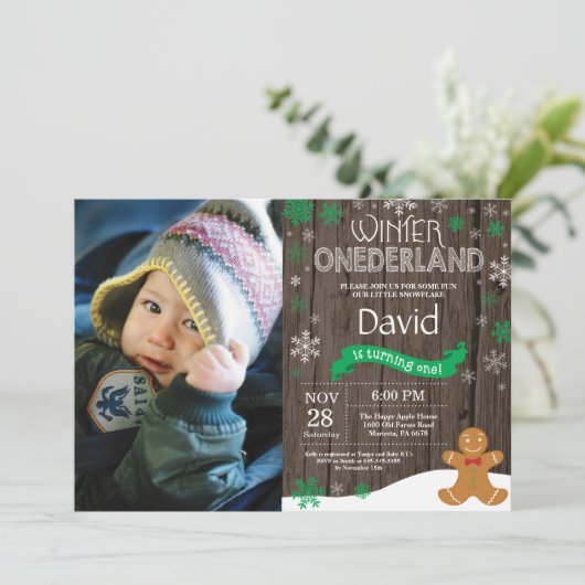 Rustic Winter Onederland 1e verjaardag Uitnodiging (Staand voorkant)