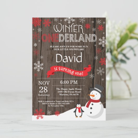 Rustic Winter Onederland 1e verjaardag Uitnodiging (Staand voorkant)