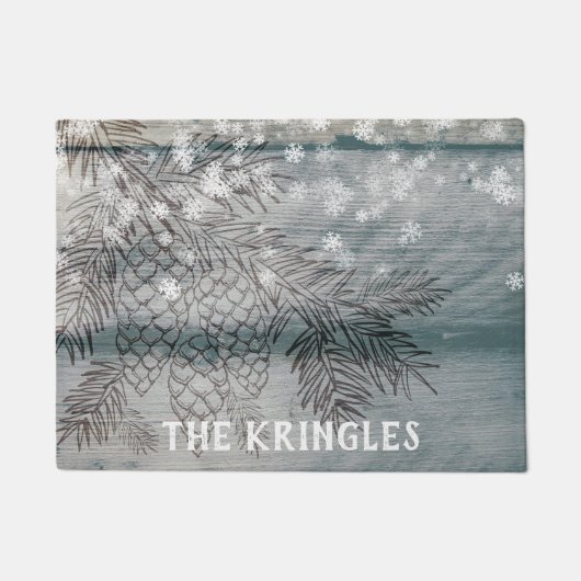 Rustic Winter Pine Tree Branches Snowflakes Name Deurmat (Voorkant)