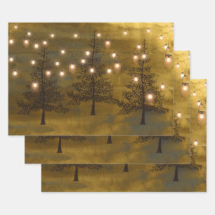 Rustic Winter Scene Golden Lights Inpakpapier Vel