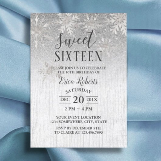 Rustic Winter Silver Snowflakes Sweet 16 Party Kaart
