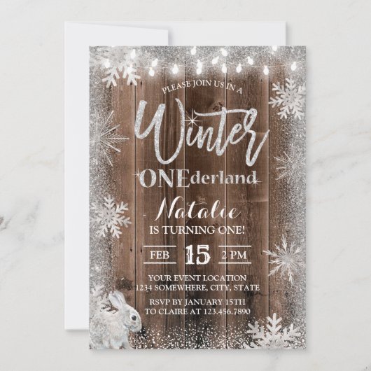Rustic Winter Snowflake ONEderland Rabbit Birthday Kaart (Voorkant)