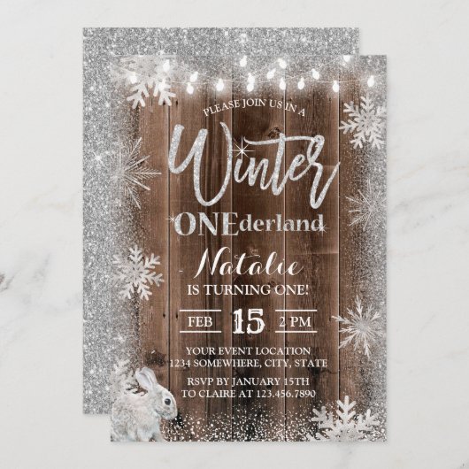 Rustic Winter Snowflake ONEderland Rabbit Birthday Kaart (Voorkant / Achterkant)
