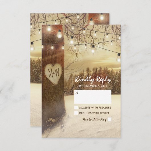 Rustic Winter Tree Twinkle lumières mariage RSVP (Devant / Derrière)