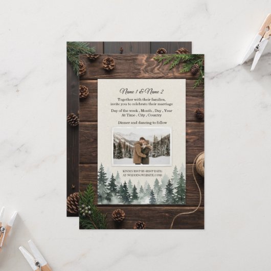 Rustic winter wedding invitation with photo (Devant/Arrière en situation)