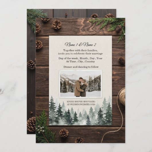 Rustic winter wedding invitation with photo (Devant / Derrière)