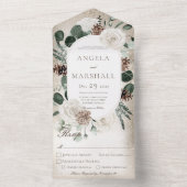 Rustic Winter White Floral Gold Dinner All In One Uitnodiging (Binnen)