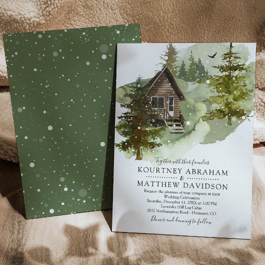 Rustic Winter Woodland Log Cabin Wedding Kaart