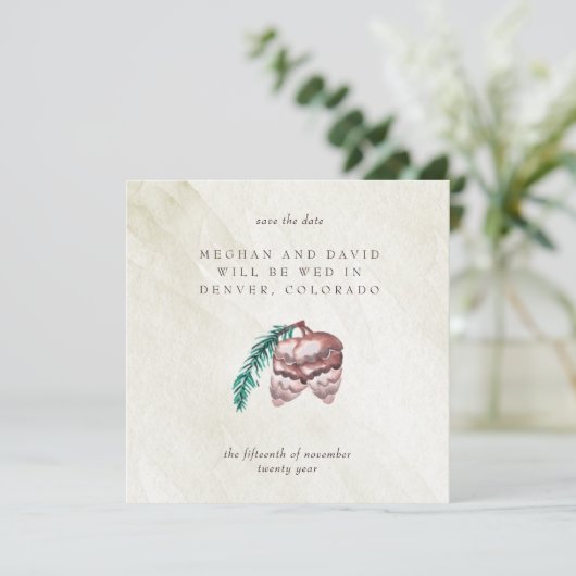 Rustic Winter Woodland Pine Cone Save the Date Aankondiging (Staand voorkant)