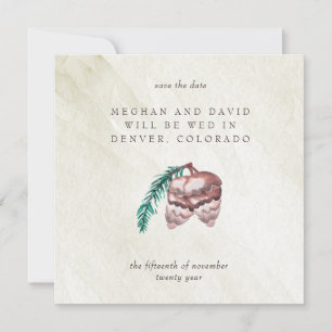 Rustic Winter Woodland Pine Cone Save the Date Aankondiging