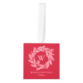 Rustic Winter Wreath Monogram Red Foto Kubus Ornament (Voorkant)