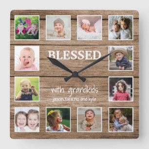 Rustic Wood 12 Foto Collage Blessed Grandouders Vierkante Klok
