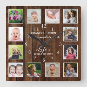 Rustic Wood 12 Foto Collage Grandchildren Quote Vierkante Klok
