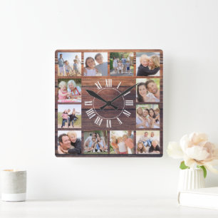 Rustic Wood 12 Foto Collage Vierkante Klok
