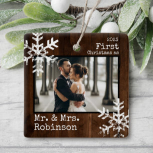Rustic Wood 1 Kerstmis & Mrs Custom Photo Keramisch Ornament
