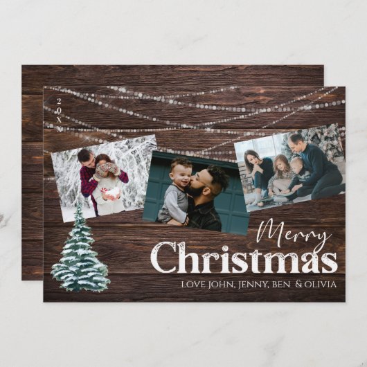 Rustic Wood 3 Foto met prettige kerstKaart met boo Kaart (Voorkant / Achterkant)