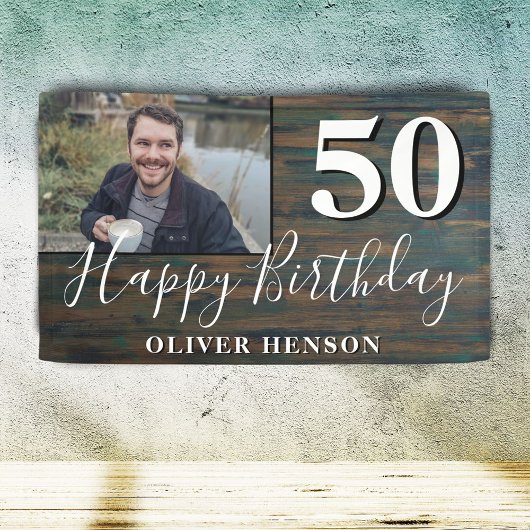 Rustic Wood 50th Birthday Party Photo Banner
