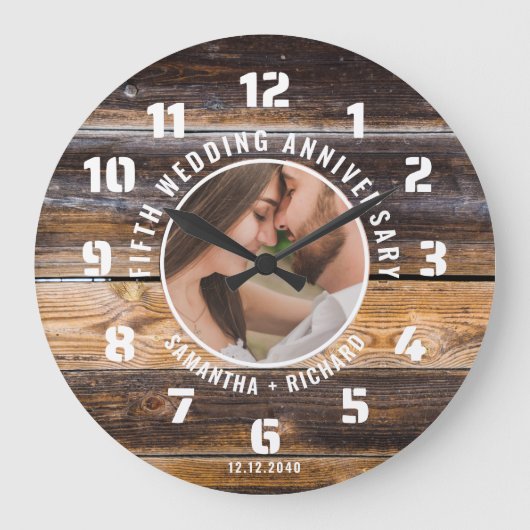 Rustic Wood 5th Wedding Jubileum Foto Grote Klok (Voorkant)