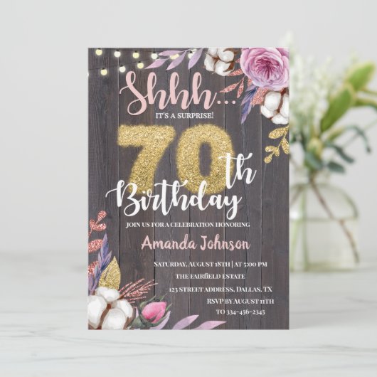 Rustic Wood 70e Invitation d'anniversaire surprise (Debout devant)