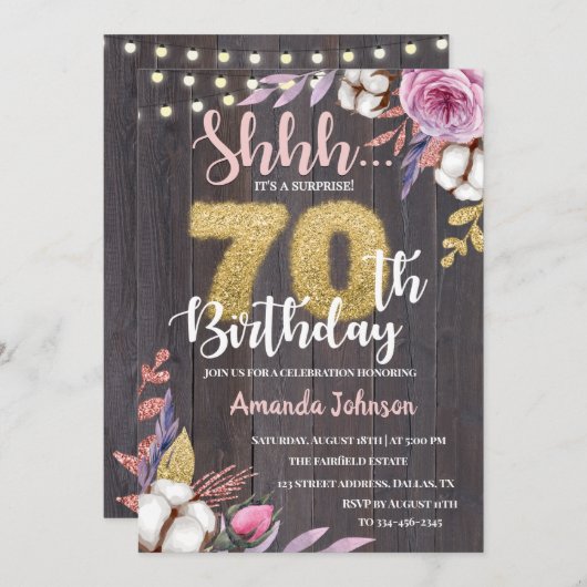 Rustic Wood 70e Invitation d'anniversaire surprise (Devant / Derrière)