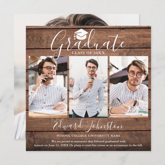 Rustic Wood Afstuderen 4 Foto Afstuderen Aankondiging (Voorkant / Achterkant)