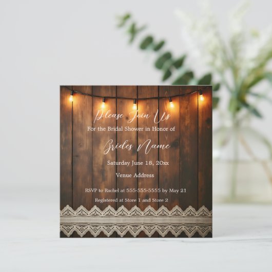 Rustic Wood and Lace Bridal Shower Invitation Kaart (Staand voorkant)