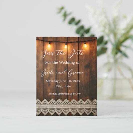 Rustic Wood and Lace Save the Date Postcard Briefkaart (Staand voorkant)